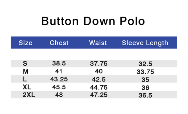 Performance Button Down Polo Size Chart