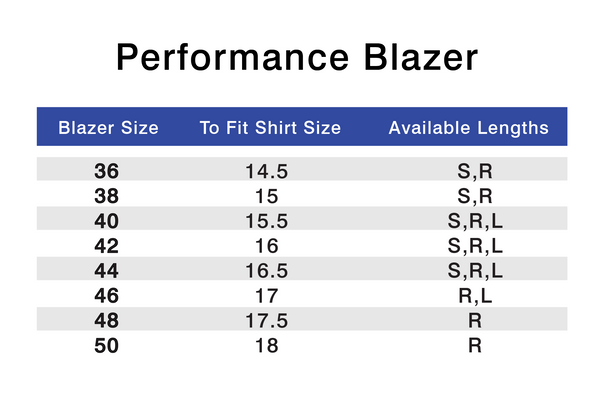 Performance Blazer // CHARCOAL Size Chart