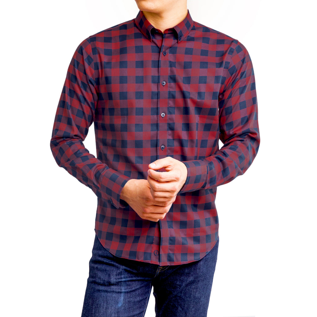 Men's Untucked Dark Grey & Red Gingham Button Down Shirt