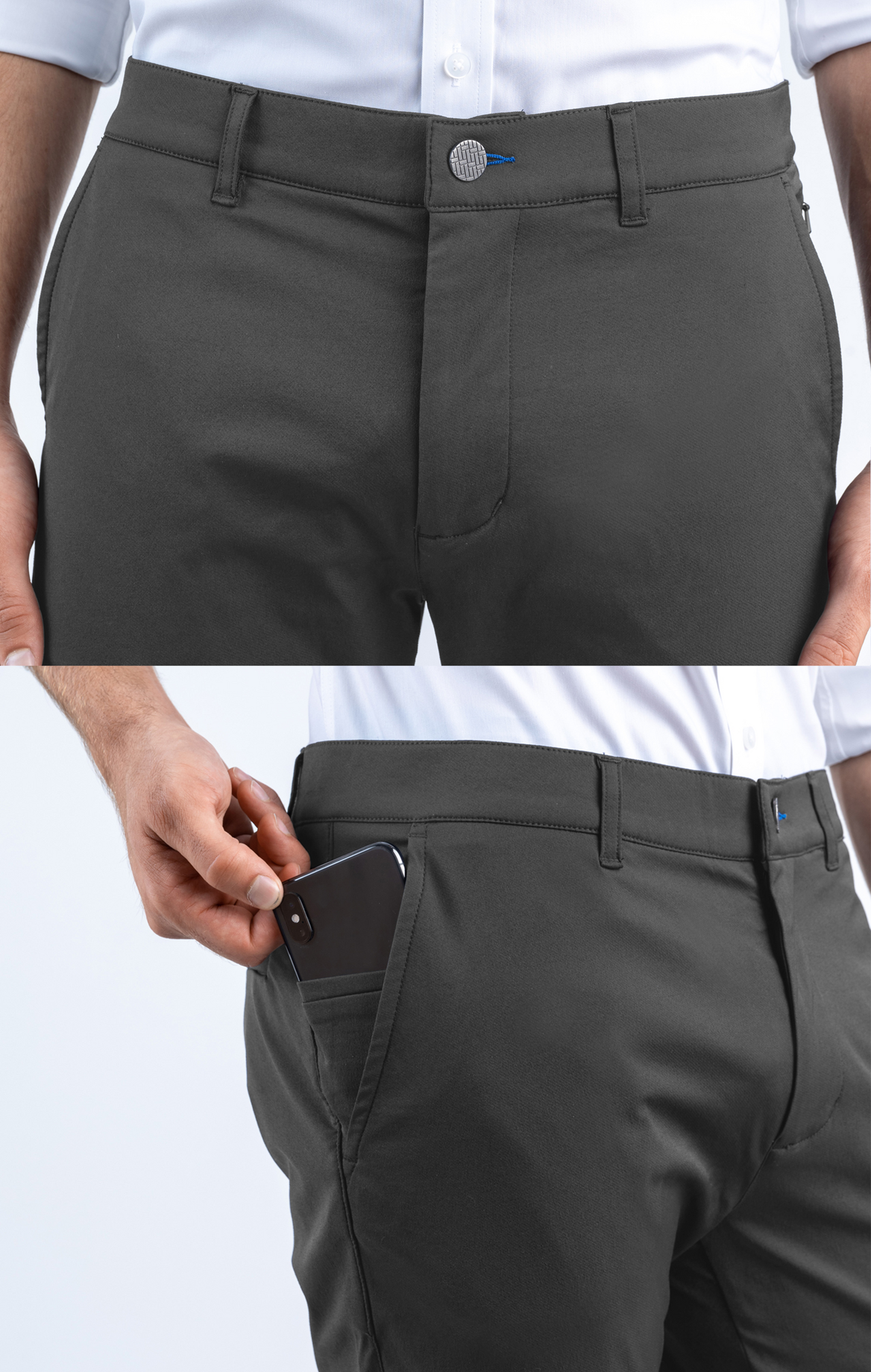 Men's black trousers with a focus on front pocket detail, showcasing a convenient phone pocket feature.