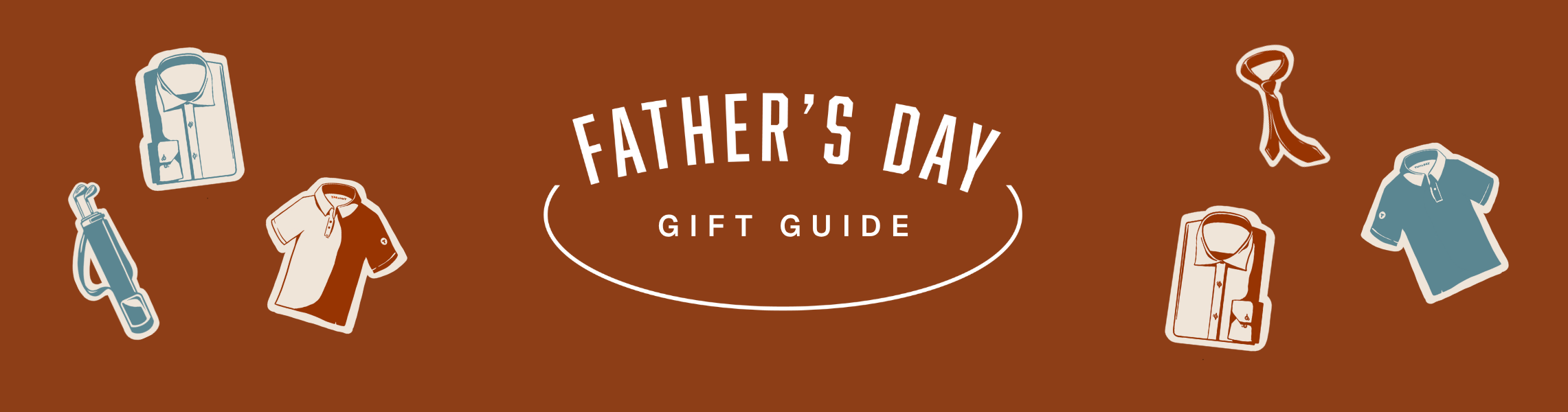 White text on a brown background reads Fathers Day in a curved, bold font above Gift Guide in a smaller, straight font, with an oval outline framing the words.