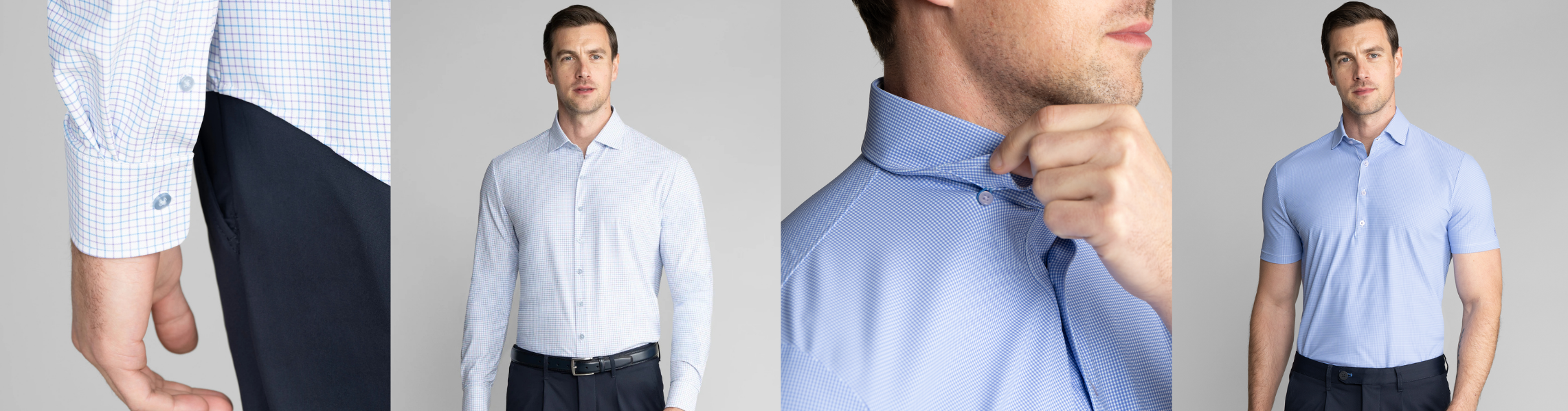 A man models dress shirts in four panels: a close-up of a cuff, front view in white-blue checks, adjusting a blue collar, and wearing a short-sleeve blue shirt, all paired with dark pants.