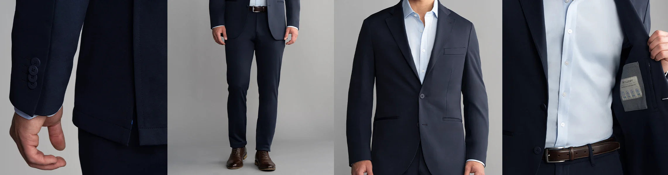 Four close-up views of a man wearing a dark navy suit with a light blue shirt: sleeve buttons, full front view, torso view, and inner jacket label. Brown shoes and belt are visible.