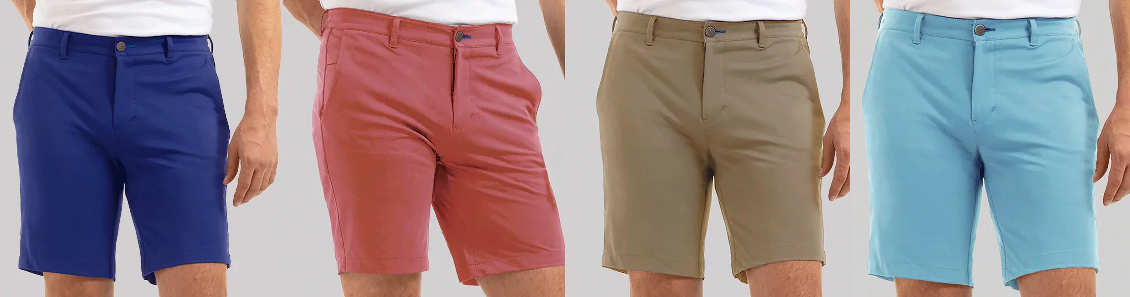 Four men wearing shorts stand side by side; the shorts are blue, red, khaki, and light blue. Each man wears a white shirt, and only their lower torsos and legs are visible.