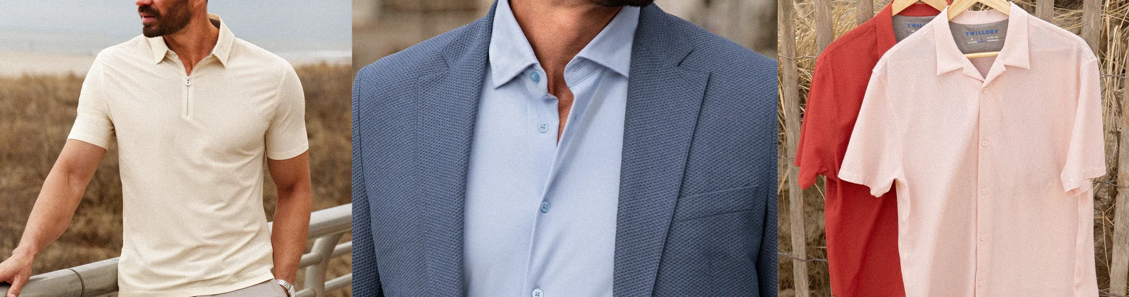 A man in a cream polo shirt, a close-up of a man in a blue dress shirt and textured blazer, and two collared shirts—one red, one pale pink—on hangers outside, with a natural, beachy background.
