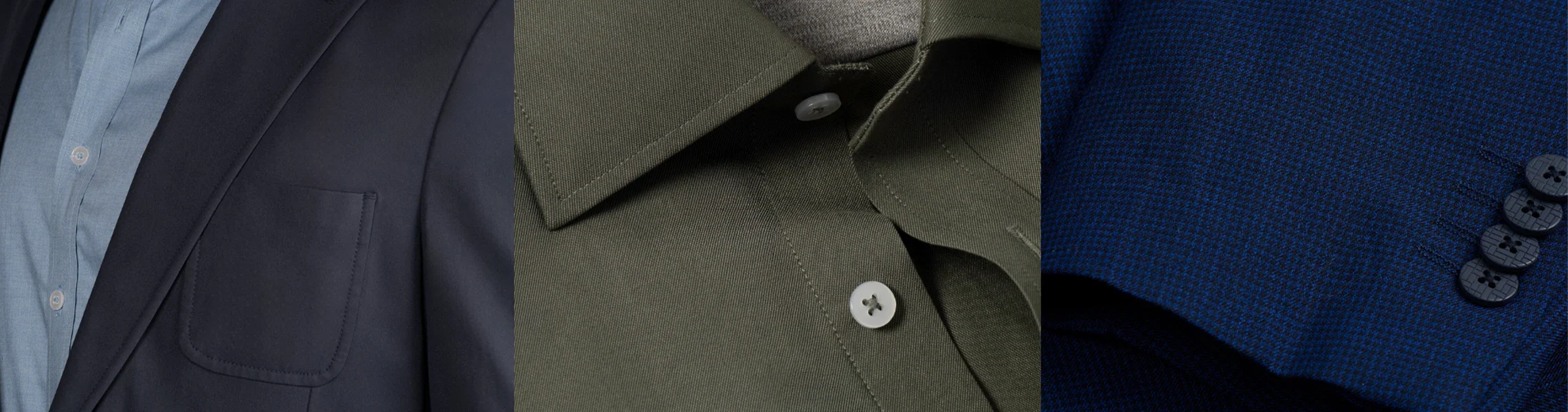 Three men pose separately: the first in a dark suit holding a glass, the second in a white dress shirt, and the third in a brown suit against a blue sky, all looking confidently ahead.