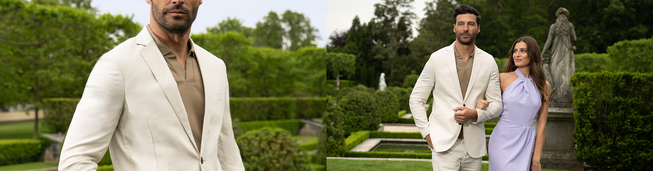 A man in a cream suit stands in a lush garden. In another shot, he walks arm-in-arm with a woman in a lavender dress near a statue and fountains. Both look stylish and confident outdoors.