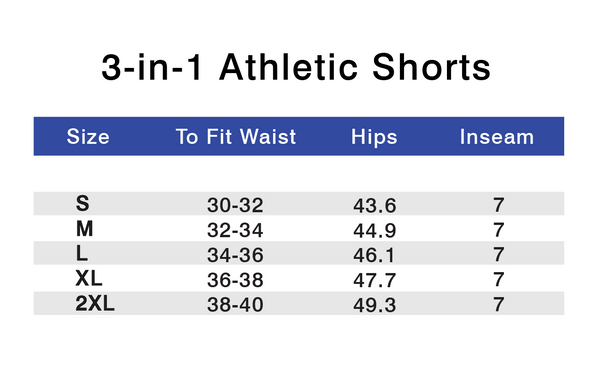 3-in-1 Athletic Shorts Size Chart