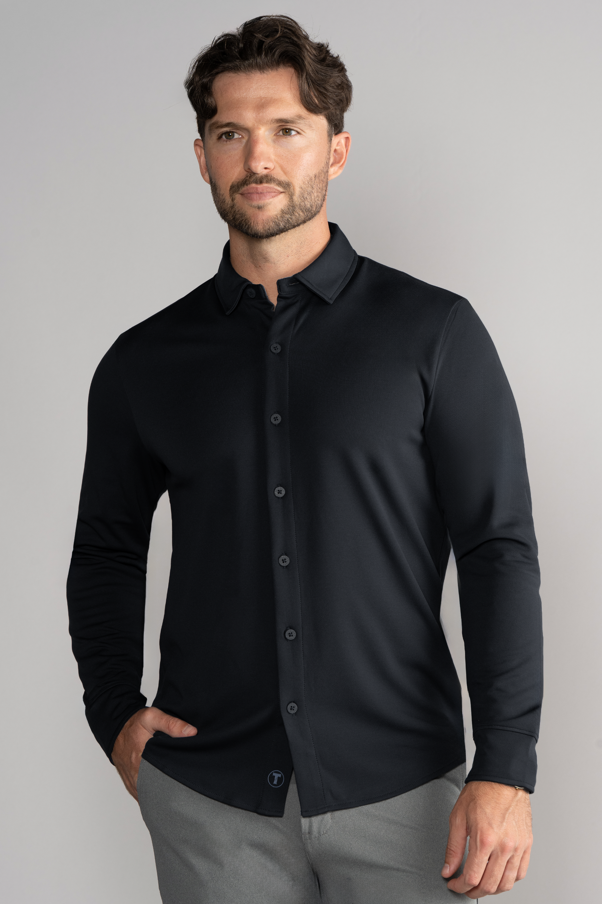 Long Sleeve Button Down Polo Solid // Black