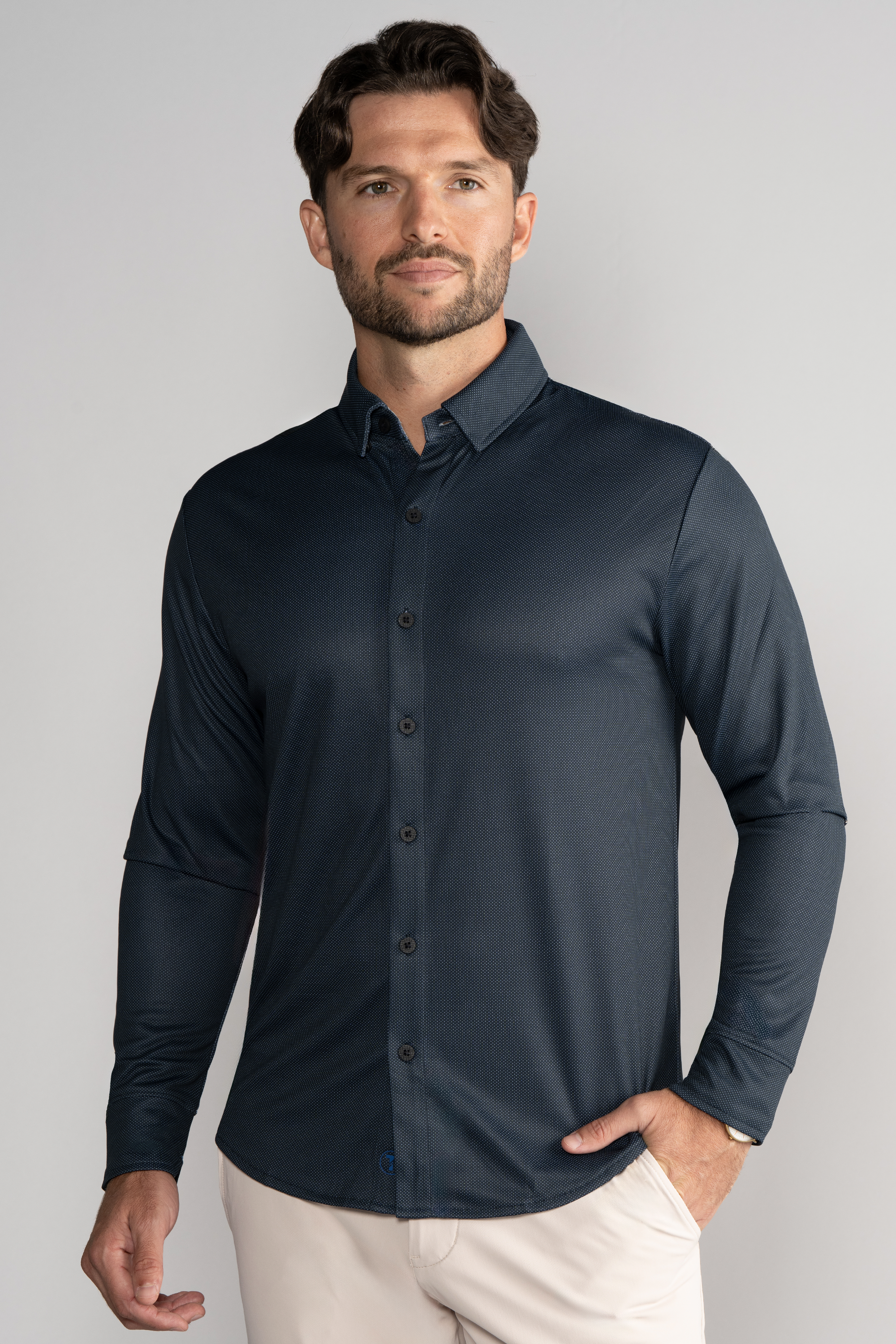Long Sleeve Button Down Polo Dot // Charcoal