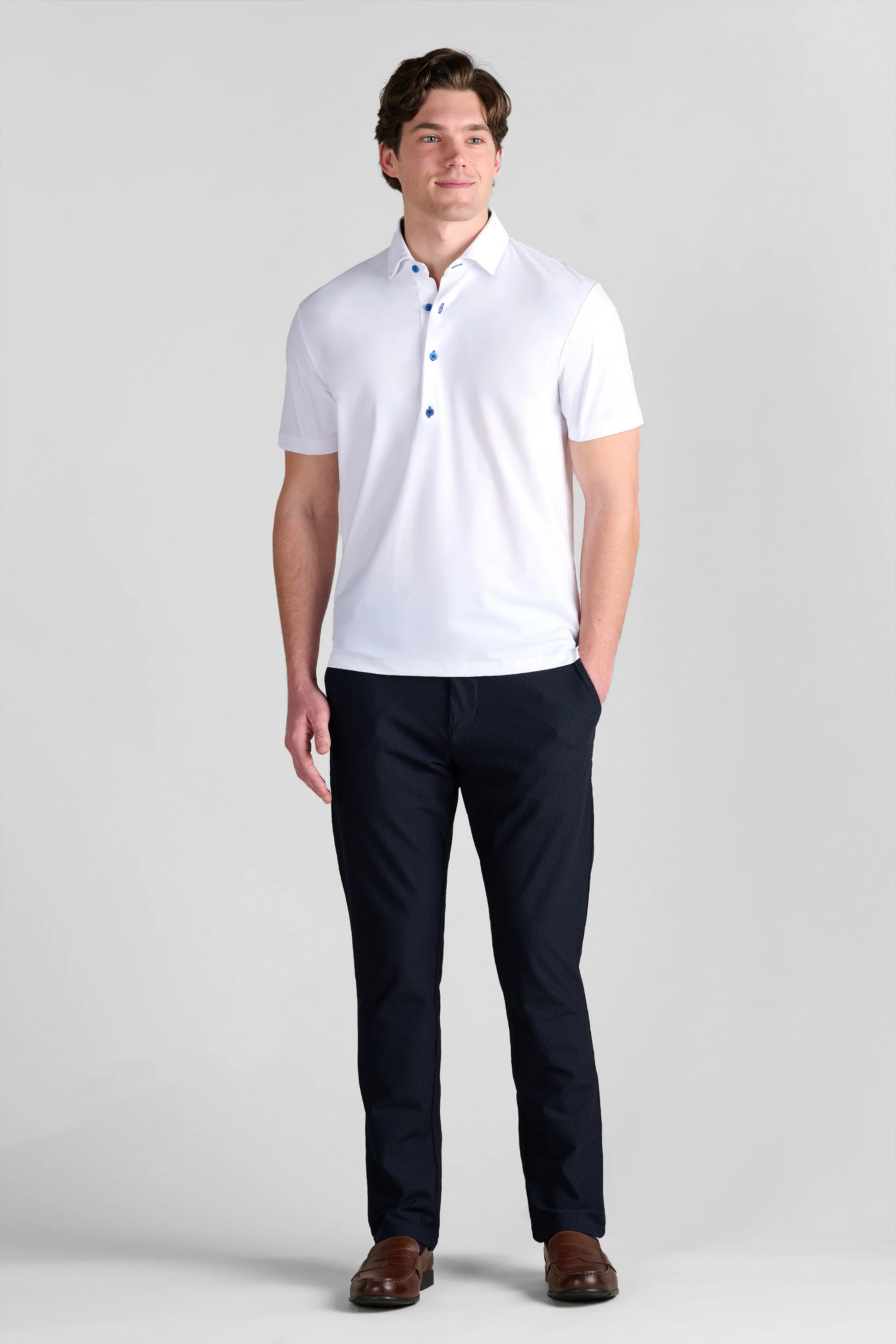 Twillory Men's Event Polo - White Blue Contrast - Tailored Fit, Wrinkle-Free, Moisture-Wicking