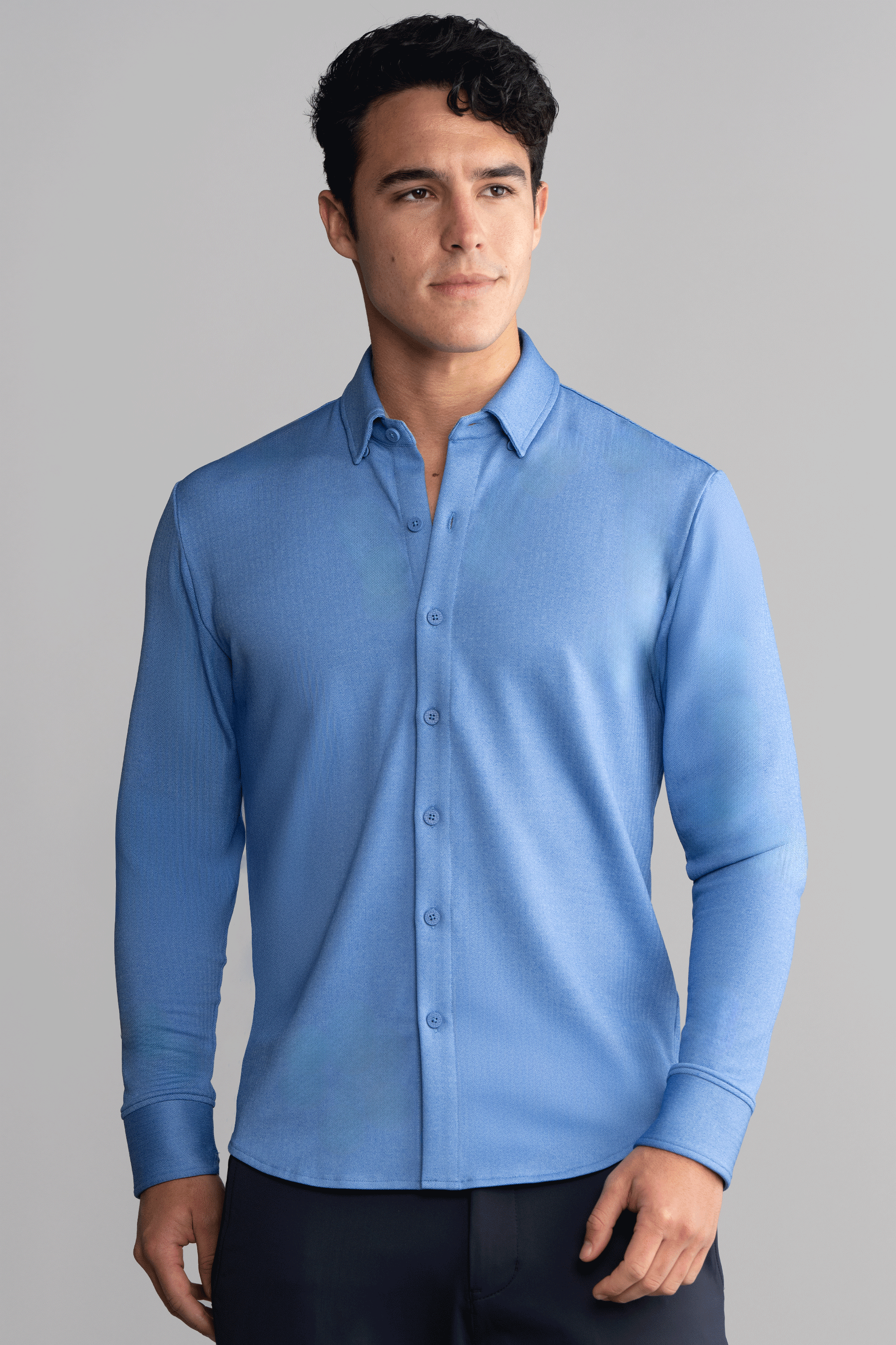 Long Sleeve Button Down Polo in Herringbone // Blue