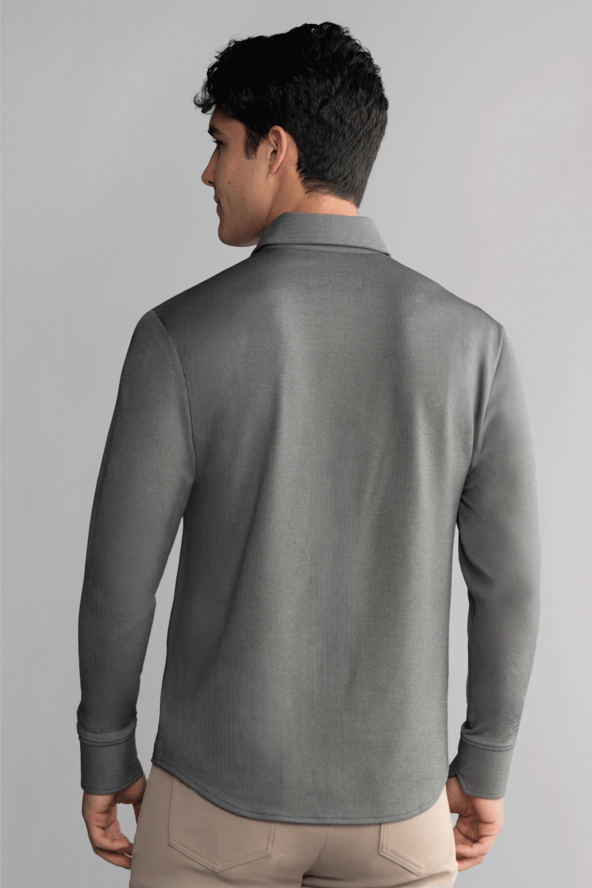 Long Sleeve Button Down Polo in Herringbone // Charcoal