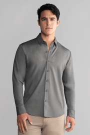 Long Sleeve Button Down Polo in Herringbone // Charcoal
