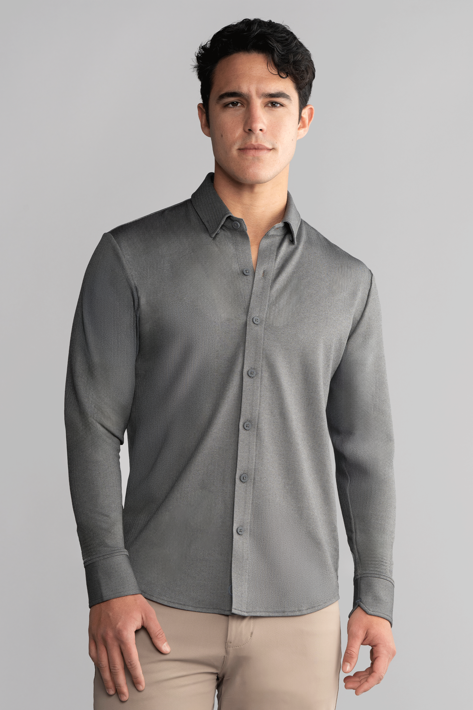 Long Sleeve Button Down Polo in Herringbone // Charcoal