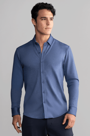 Long Sleeve Button Down Polo in Herringbone // Navy