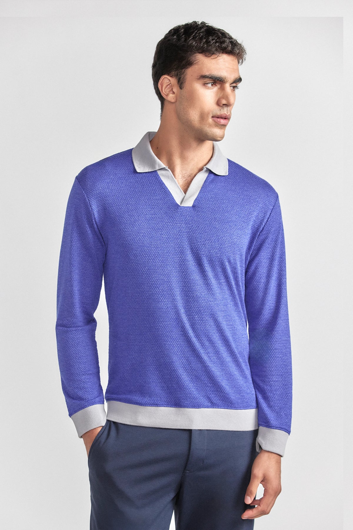 Long Sleeve Sweater Polo Contrast | Cobalt, view 6 of 6