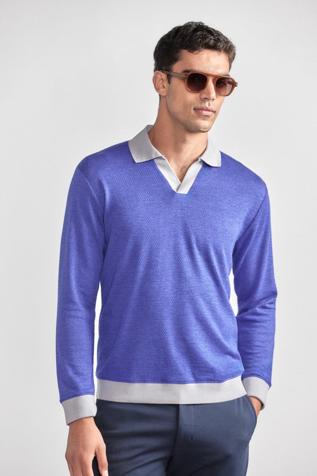 Long Sleeve Sweater Polo Contrast | Cobalt, view 1 of 6