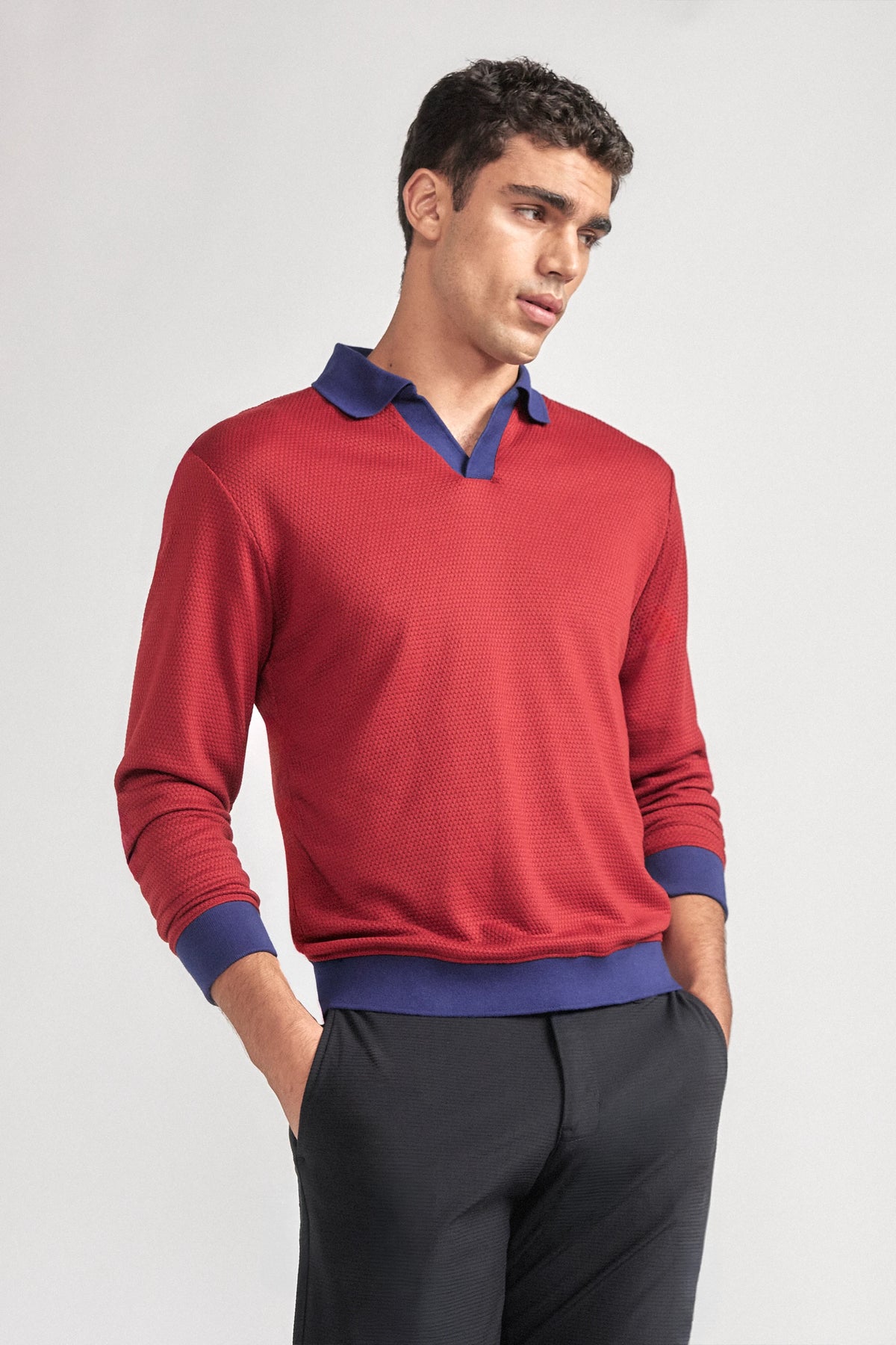 Long Sleeve Sweater Polo Contrast | Crimson, view 1 of 6