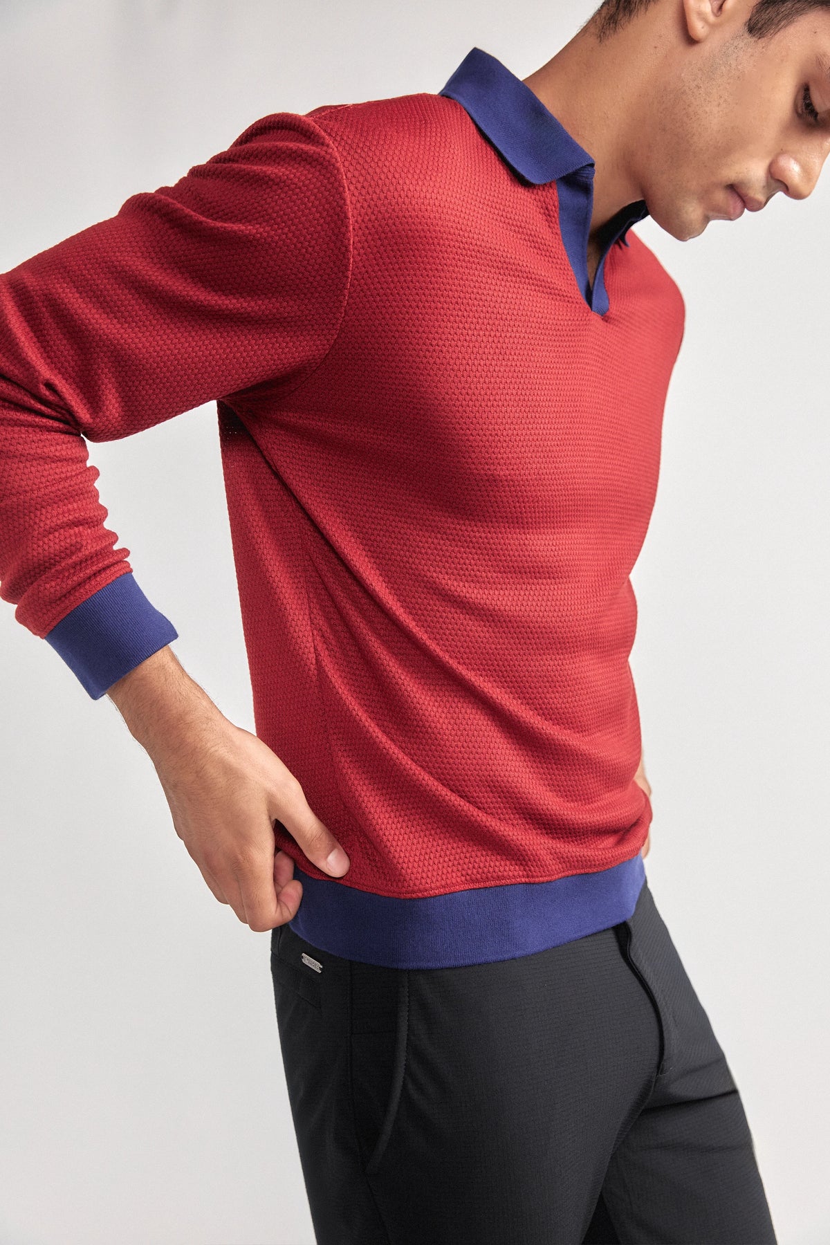 Long Sleeve Sweater Polo Contrast | Crimson, view 4 of 6