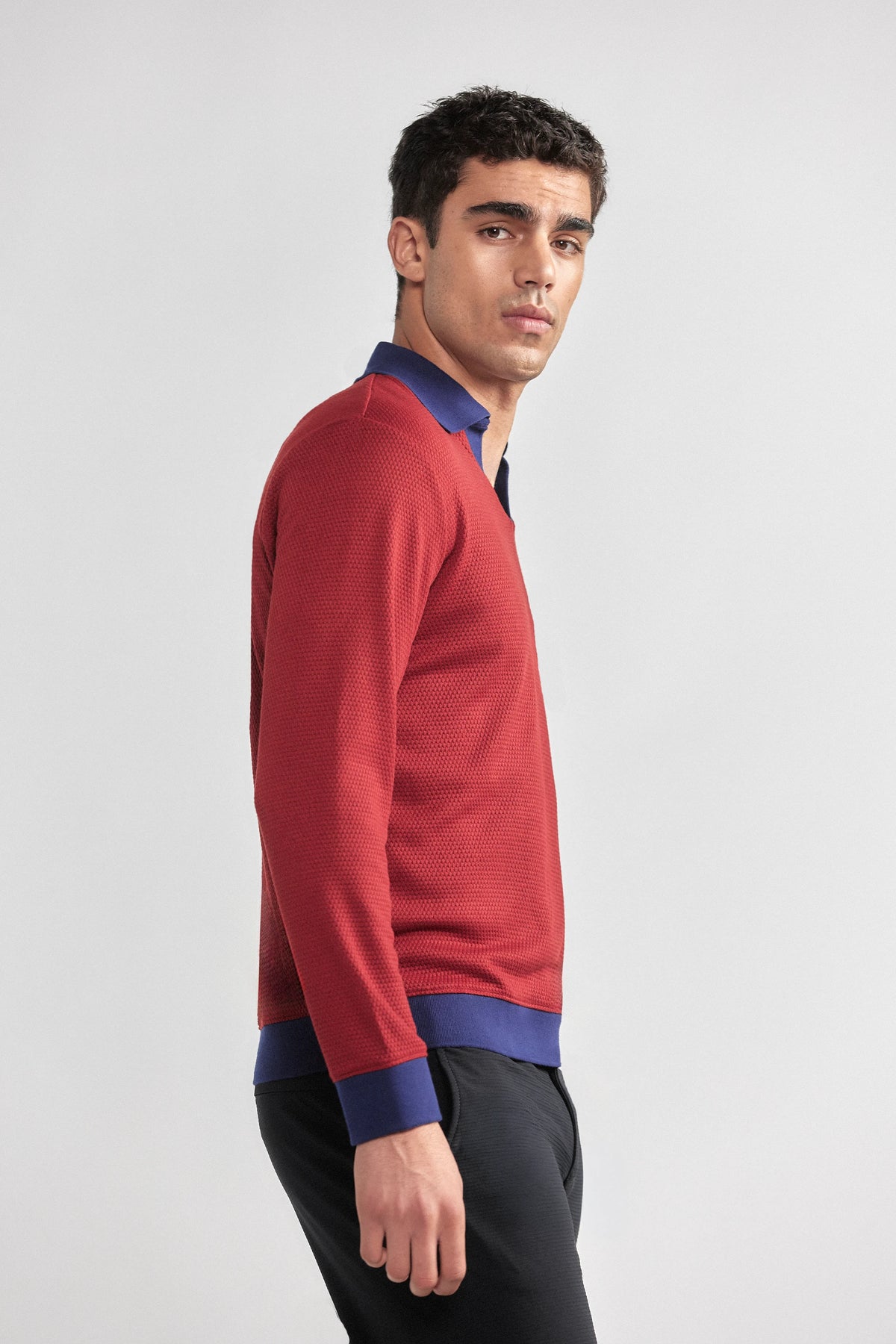 Long Sleeve Sweater Polo Contrast | Crimson, view 5 of 6