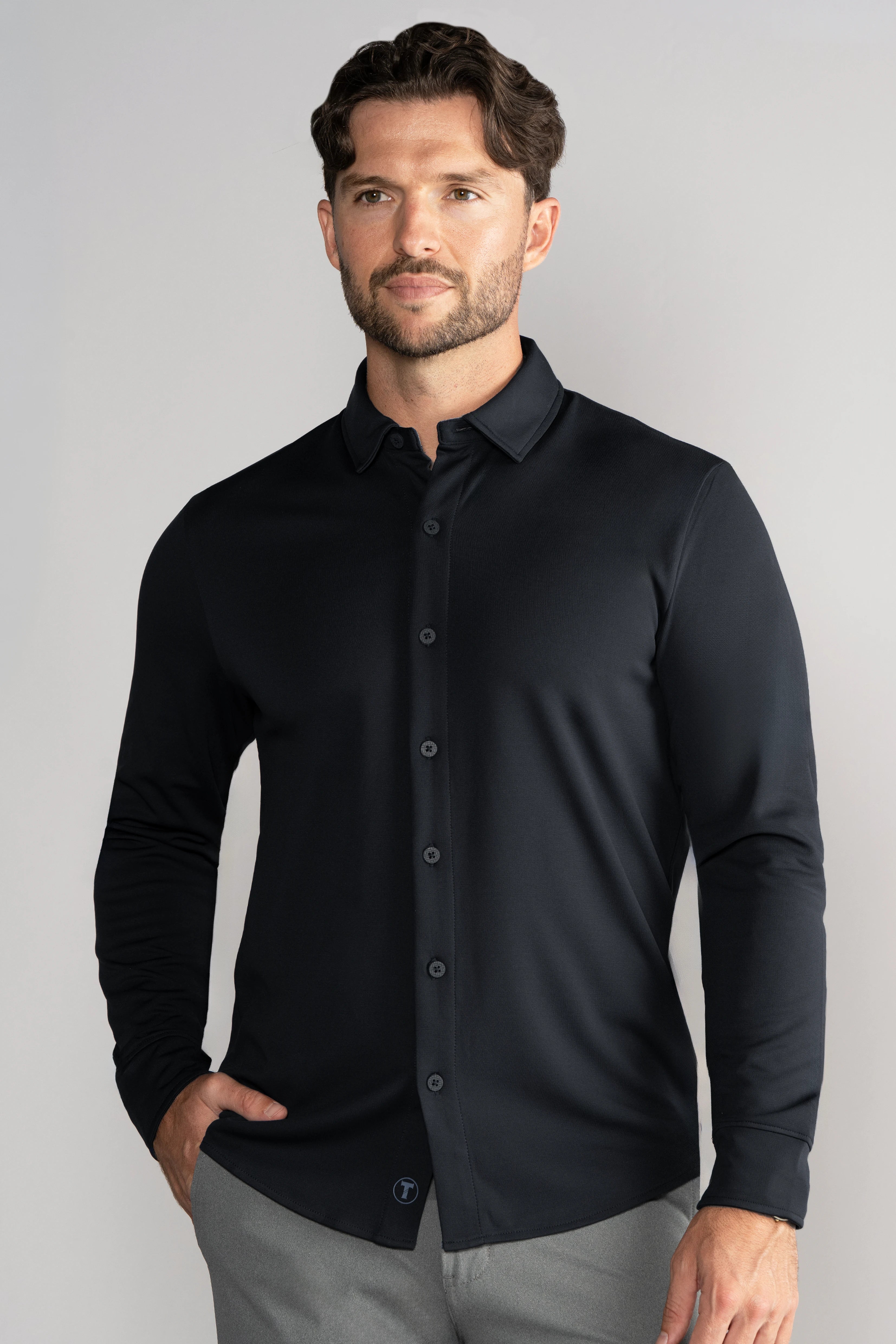 Long Sleeve Button Down Polo Solid // Black
