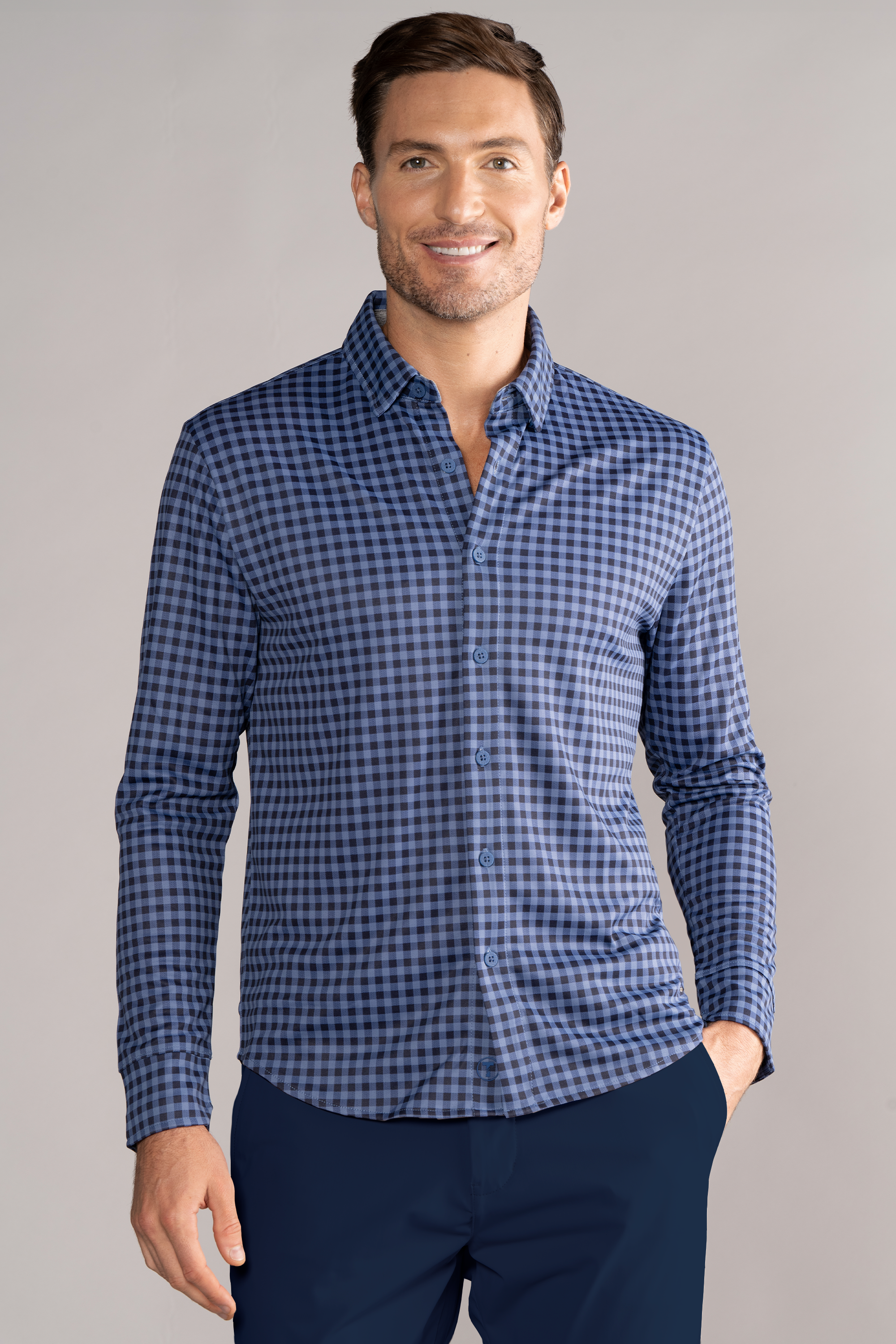 Long Sleeve Button Down Polo Gingham // Navy Blue