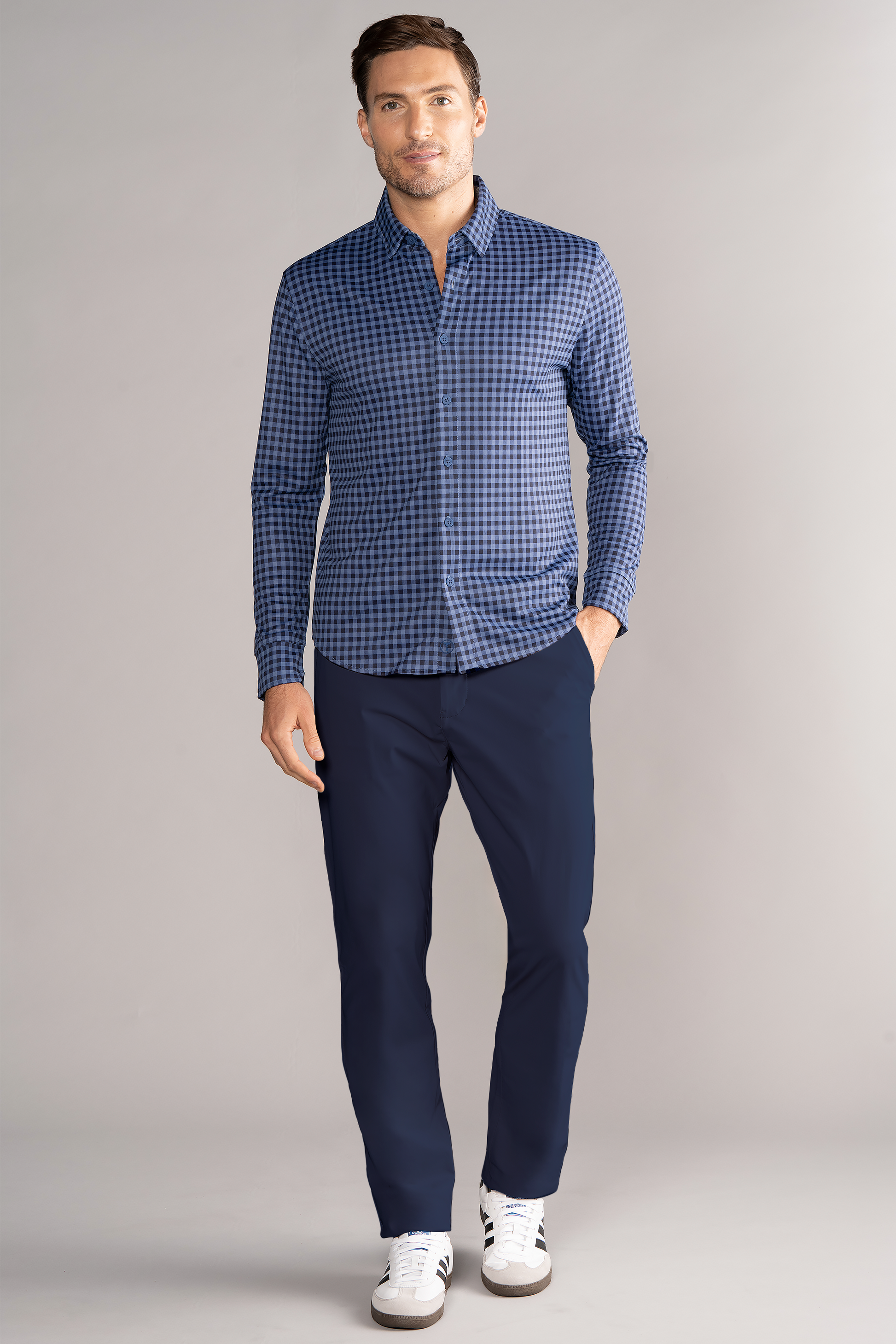 navy blue gingham dress shirt Apex Performance Dress Shirt Oxford Button Down Collar Navy Gingham XL / Navy Gingham