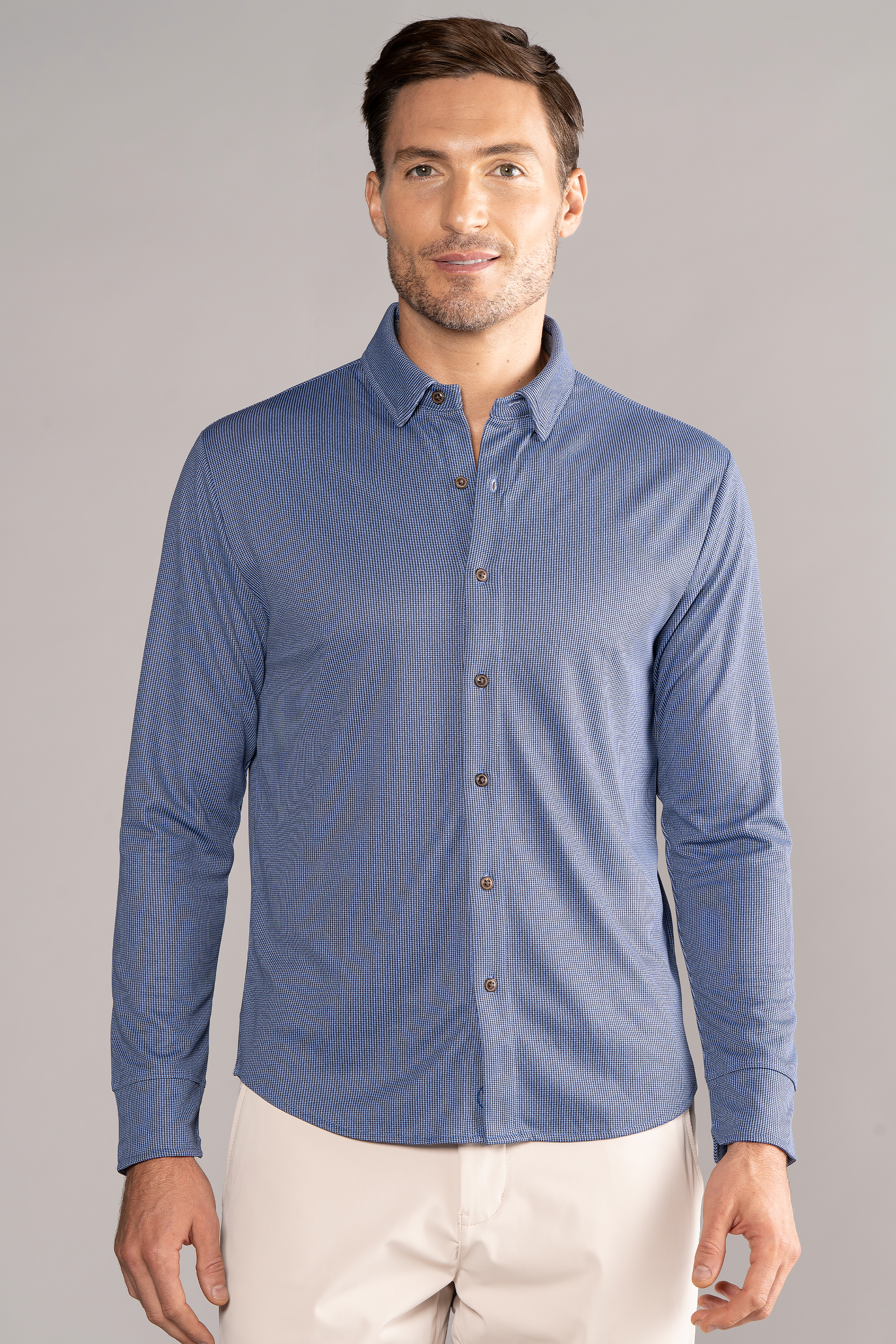 Long Sleeve Button Down Polo Dot // Blue Puppytooth