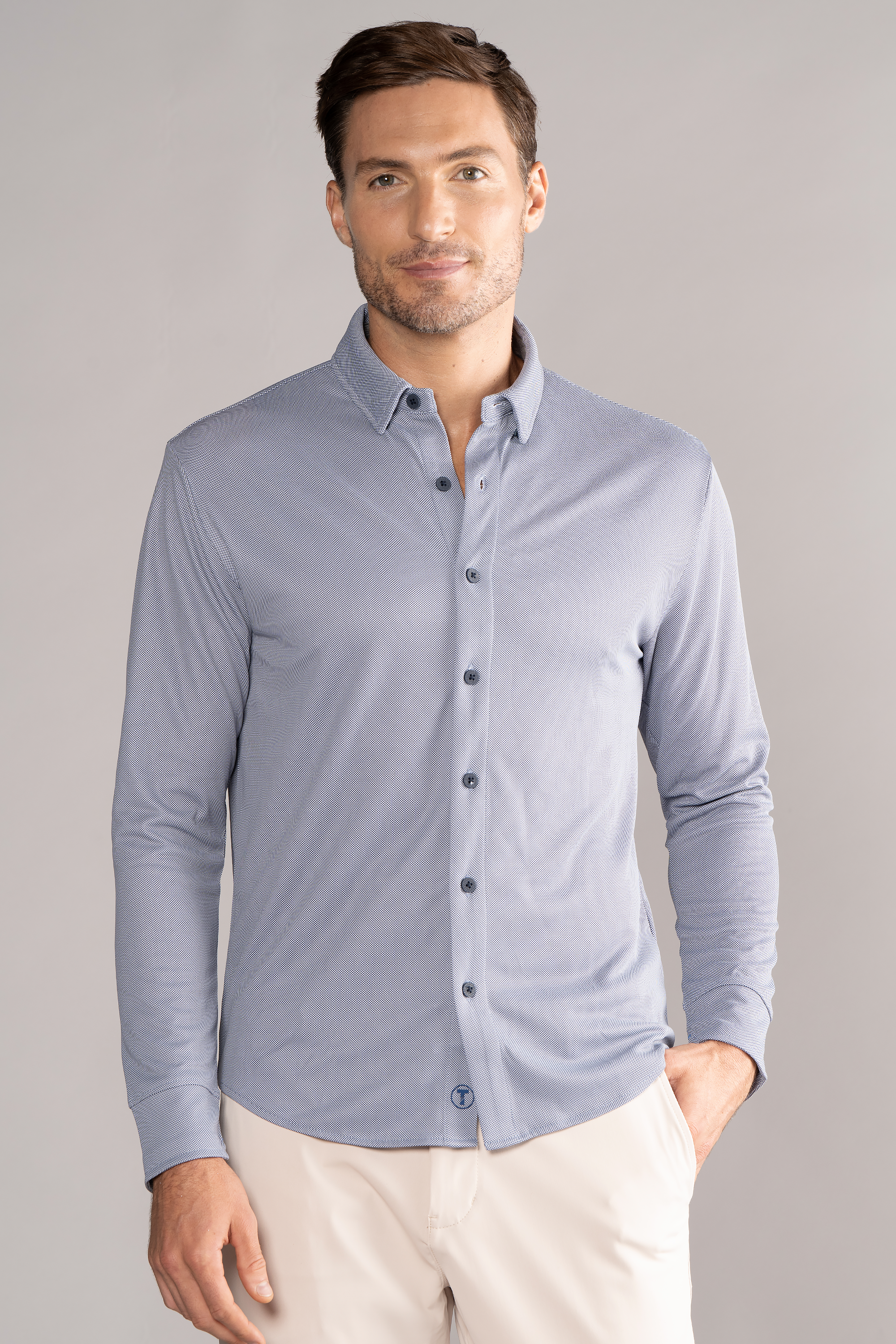 Long Sleeve Button Down Polo Check // Navy Micro