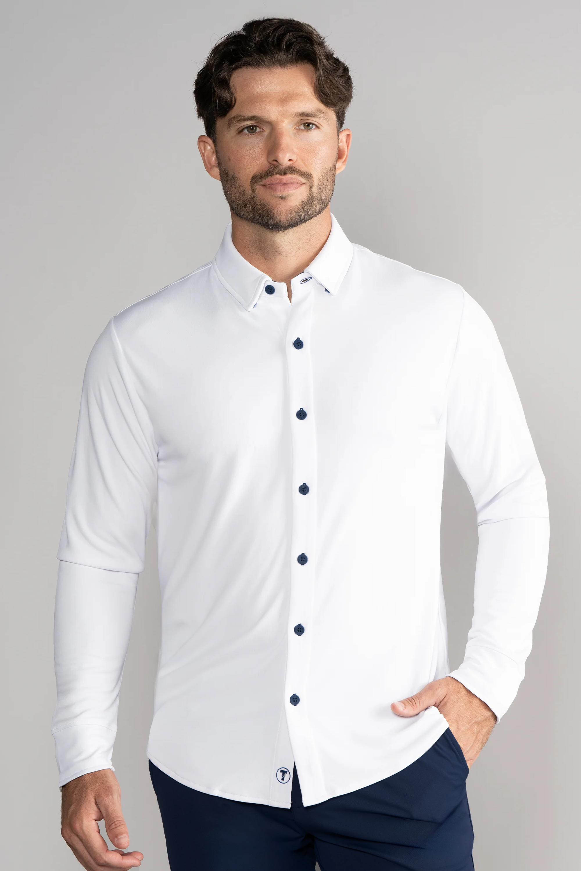 Long Sleeve Button Down Polo Contrast // White Navy