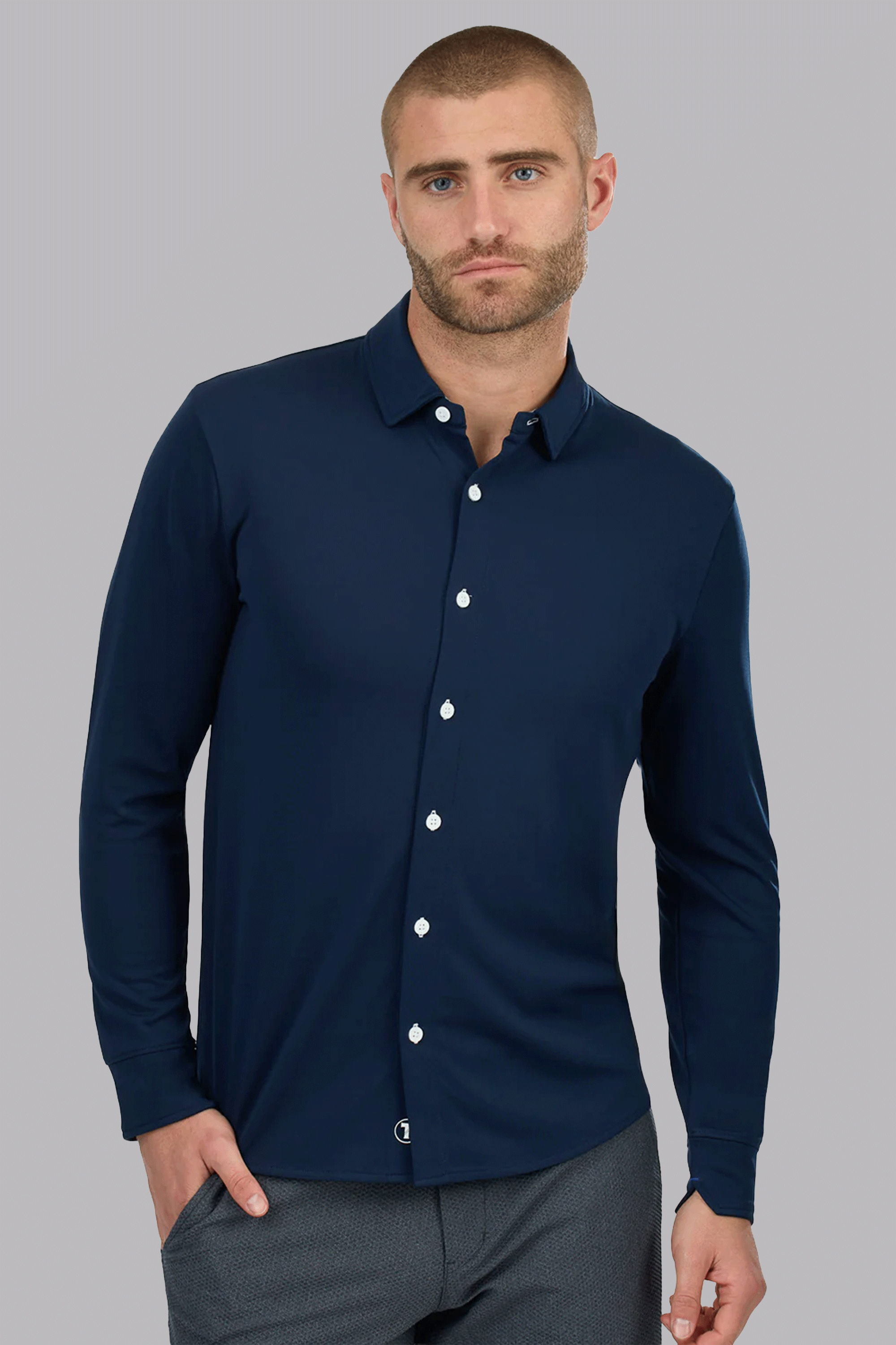 Long Sleeve Button Down Polo Contrast // Navy White