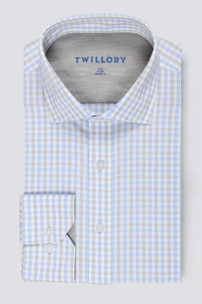 blue gray dress shirt Men's Performance Blue/Grey/White Tattersall Long Sleeve Shirt: Stretch & Non-Iron Sexy Red And Black category_hierarchy:girl Size:MEDIUM - US WOMEN 8.5 - UK 6.5 - EU 40 Flat Lay Length
