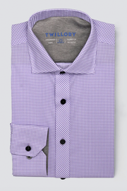 The Twillory Leader Check // Lavender is a folded long-sleeve performance shirt in a purple and white check pattern with black buttons, spread collar, visible left cuff, printed sizing details inside the collar, and 4-way stretch for comfort.
