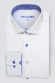 The Twillory Leader Contrast // Blue Prince of Wales shirt is neatly folded, with blue buttons and stitching, a blue and orange plaid inner collar, "Twillory" printed inside the collar, displayed on a light gray background.