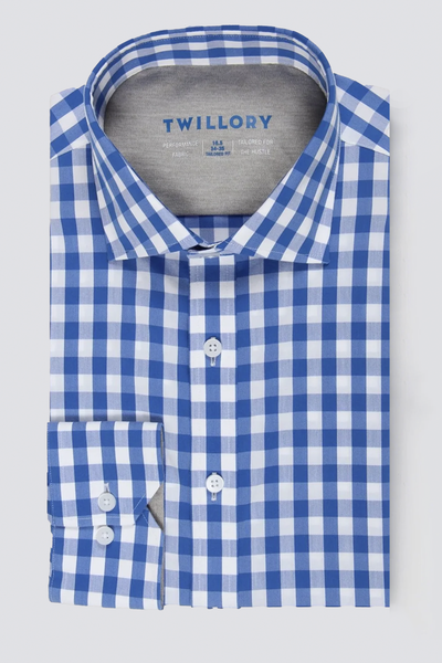 blue checked dress shirt Quattro Flex Dress Shirt with Semi-Spread Collar Thin Blue Check 3XL / Thin Blue Check