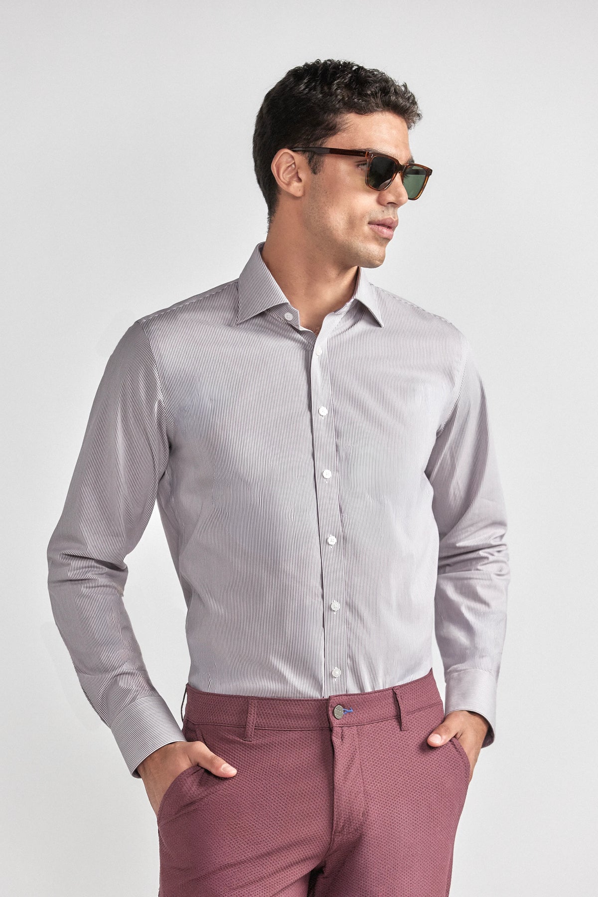 Leader Non-Iron Stripe // Lilac Mini, view 3 of 8