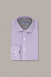A neatly folded Twillory Leader Windowpane // Pink Blue long-sleeve shirt with pink and blue check pattern, white buttons, and collar is displayed on a plain light grey background. Made of moisture-wicking fabric, the inner label reads "Twillory.
