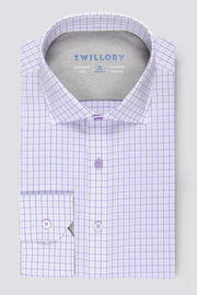 The Twillory Leader Windowpane // Lavender men's dress shirt features a light purple and white check pattern, classic collar, visible buttons, branded collar label, and moisture-wicking fabric for all-day comfort.