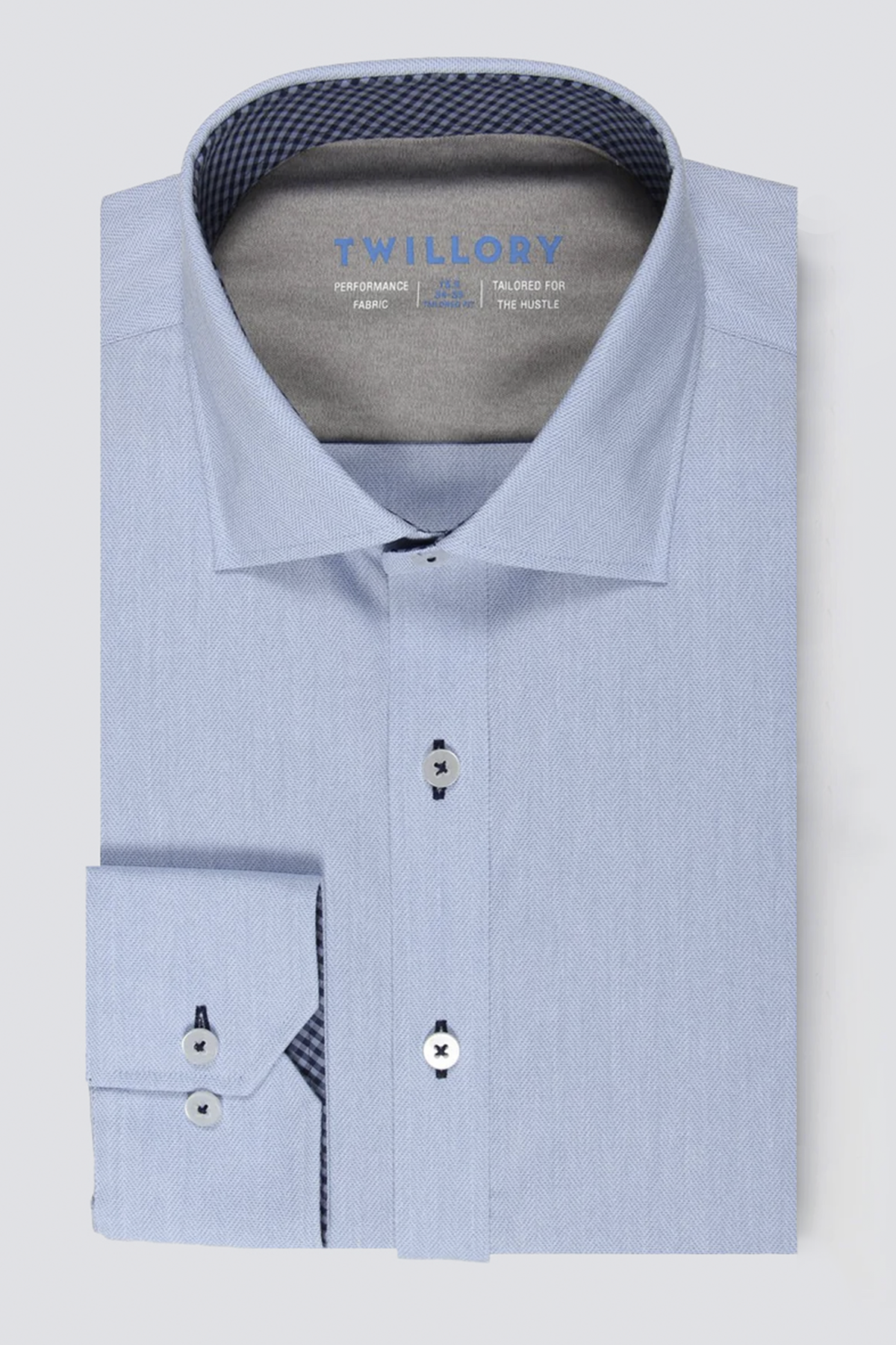 Men's Performance Blue Herringbone Dress Shirt (Pattern Button Down) Tailored / 14.5 / S / 32-33 Men's Performance Blue Herringbone Dress Shirt (Pattern Button Down) Tailored / 14.5 / S / 32-33