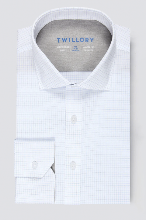 Men's Performance White/Blue Check Long Sleeve Dress Shirt: Stretch & Moisture Wicking