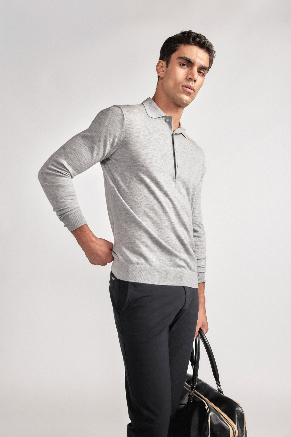 Lightweight Cashmere Polo | Heather Light Grey, image 3 of 8
