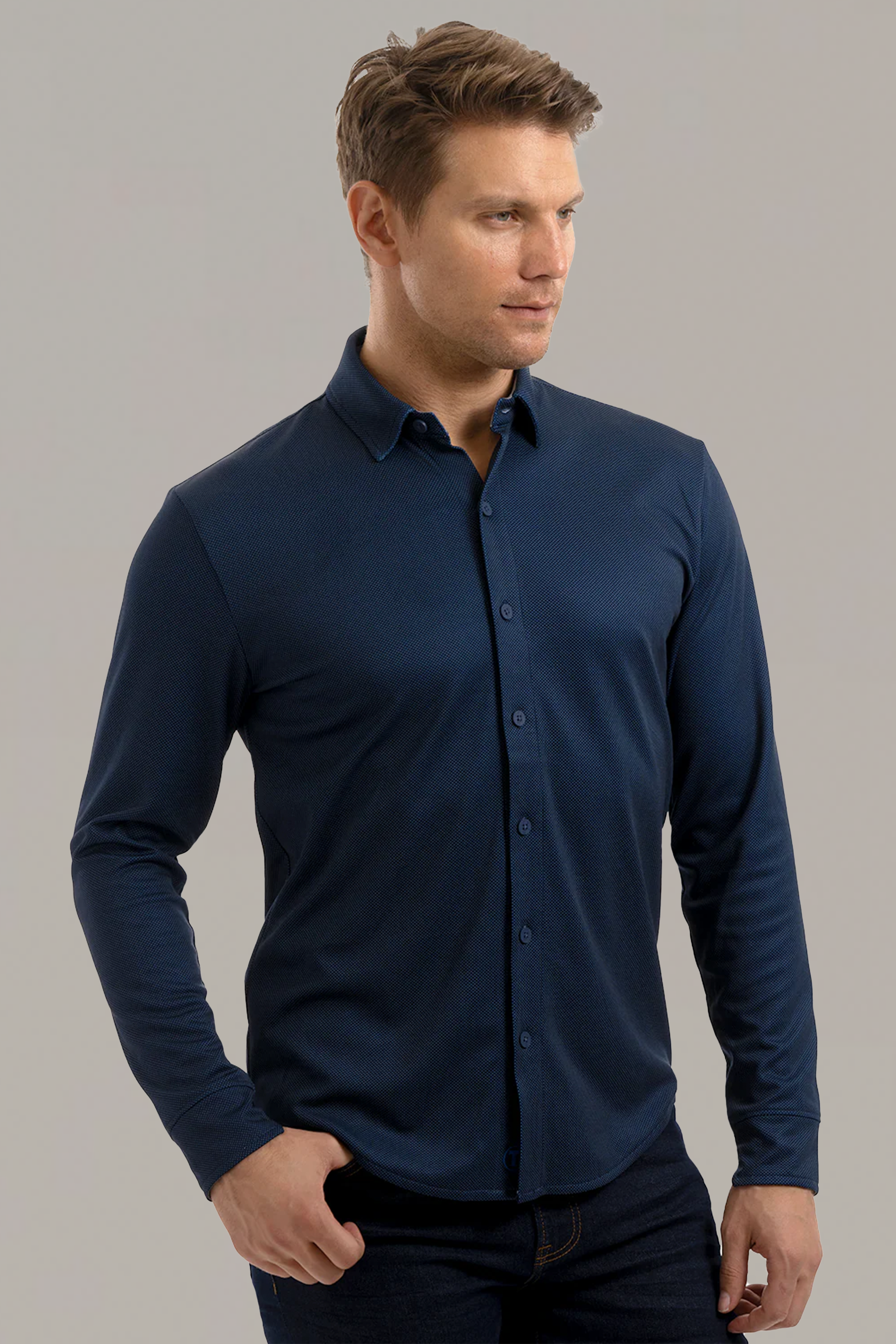 Long Sleeve Button Down Polo Dot // Navy