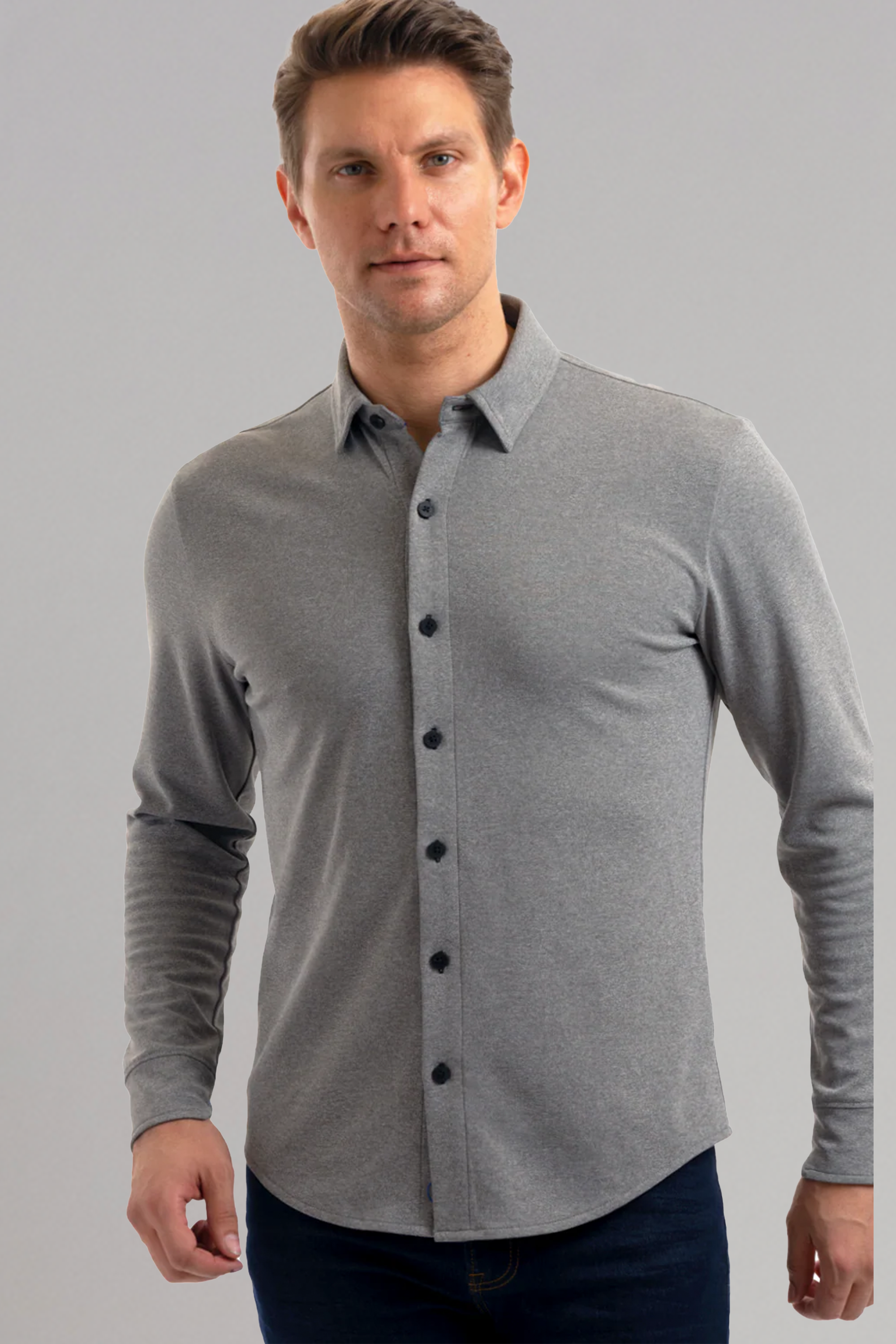 Long Sleeve Button Down Polo Solid // Heather Light Grey