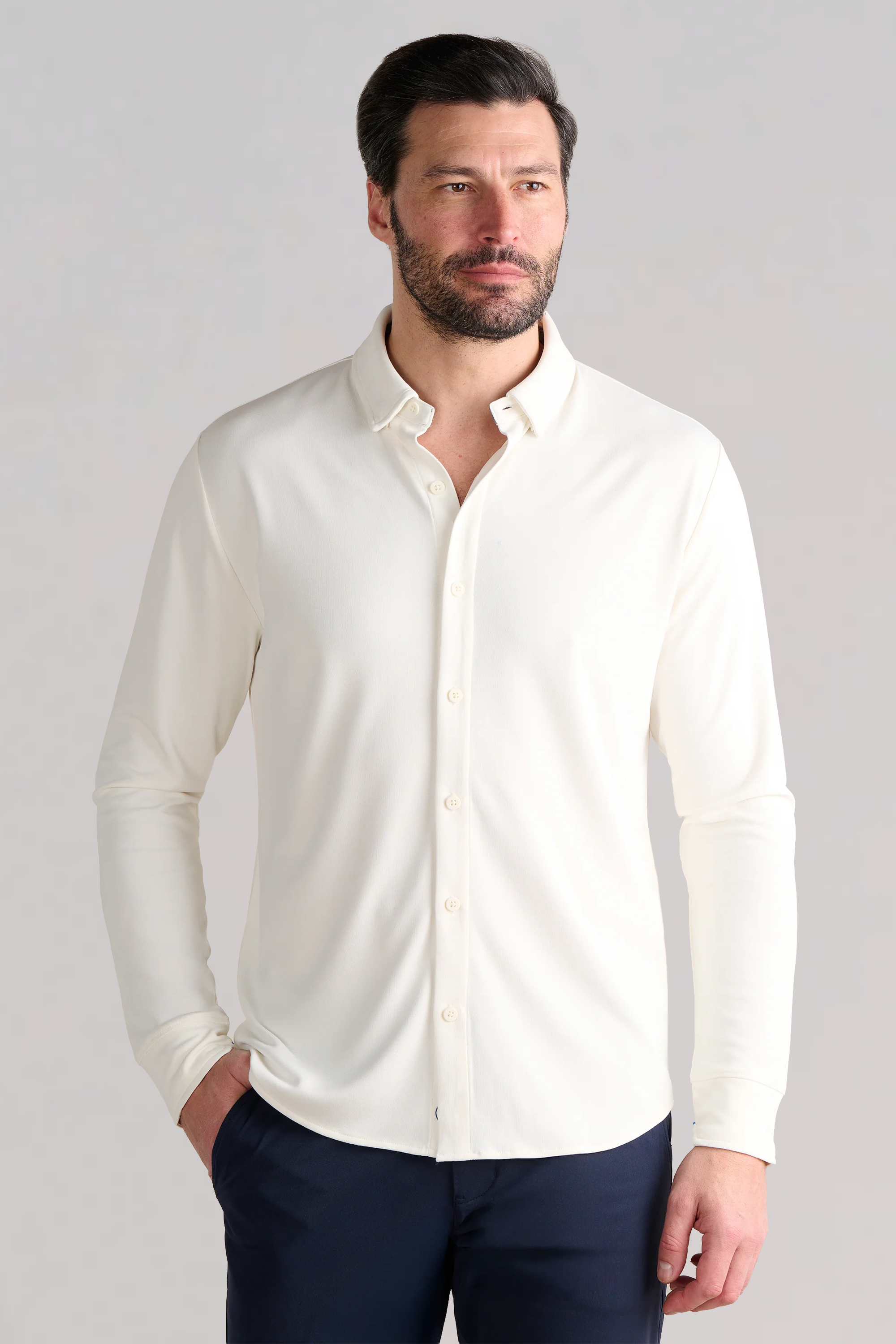 Long Sleeve Button Down Polo Solid // Bone