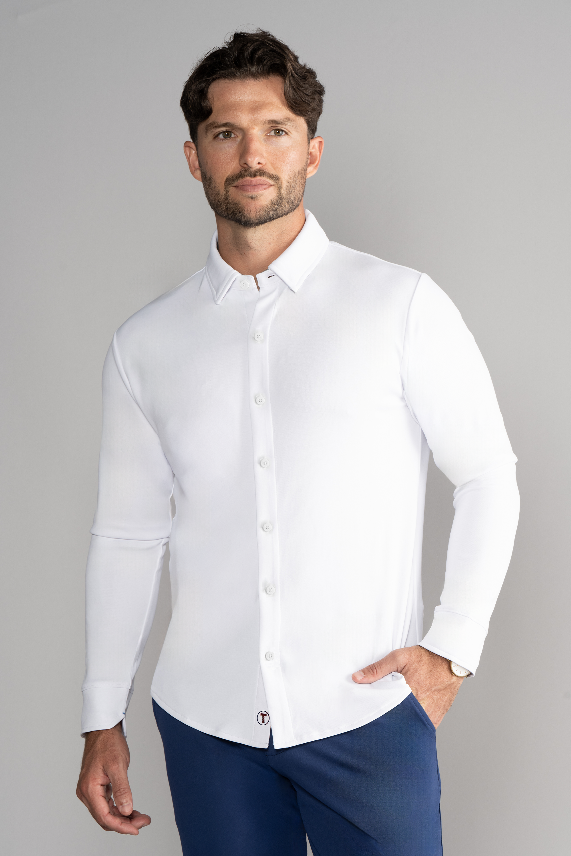 Long Sleeve Button Down Polo Solid // White