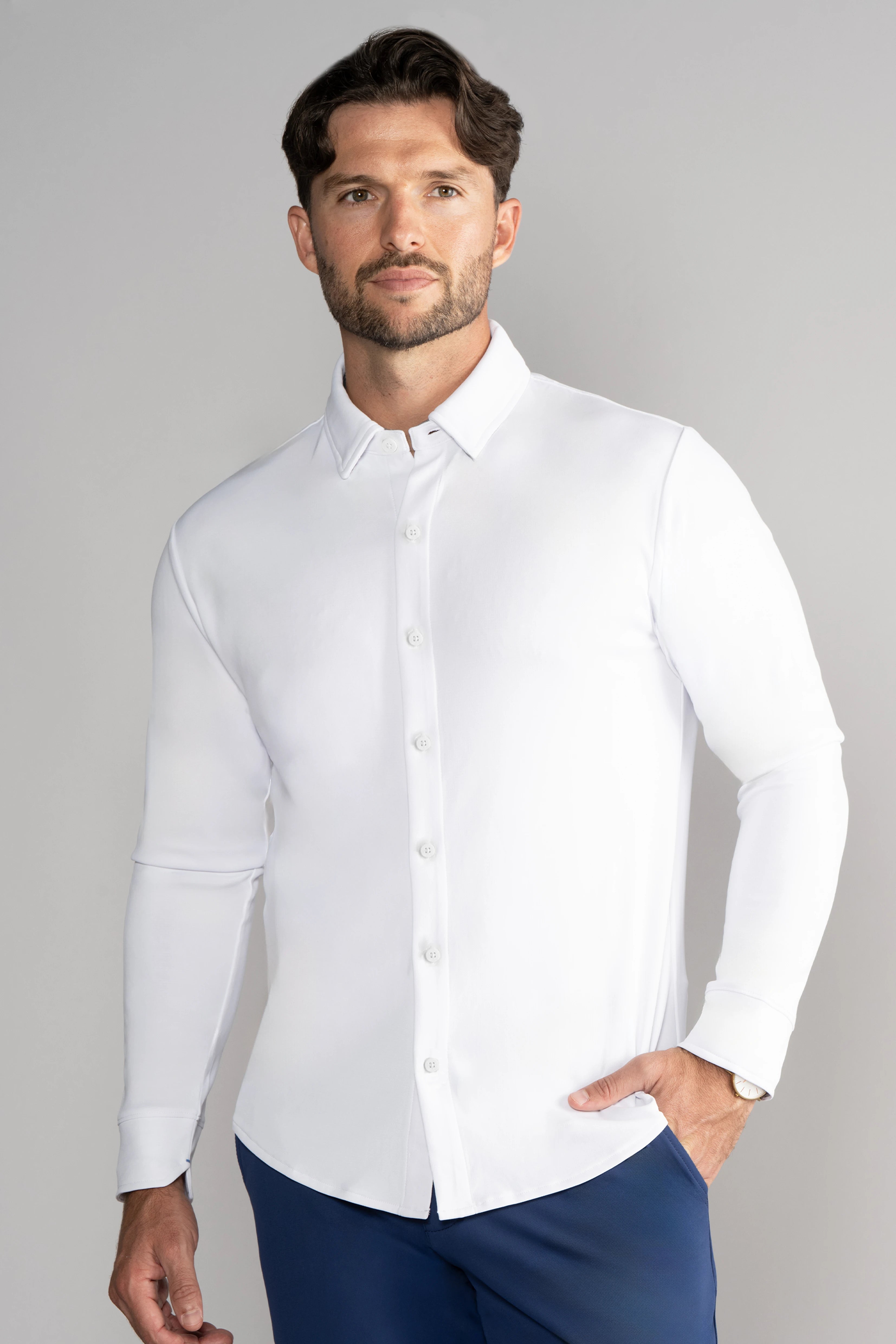 Long Sleeve Button Down Polo Solid // White