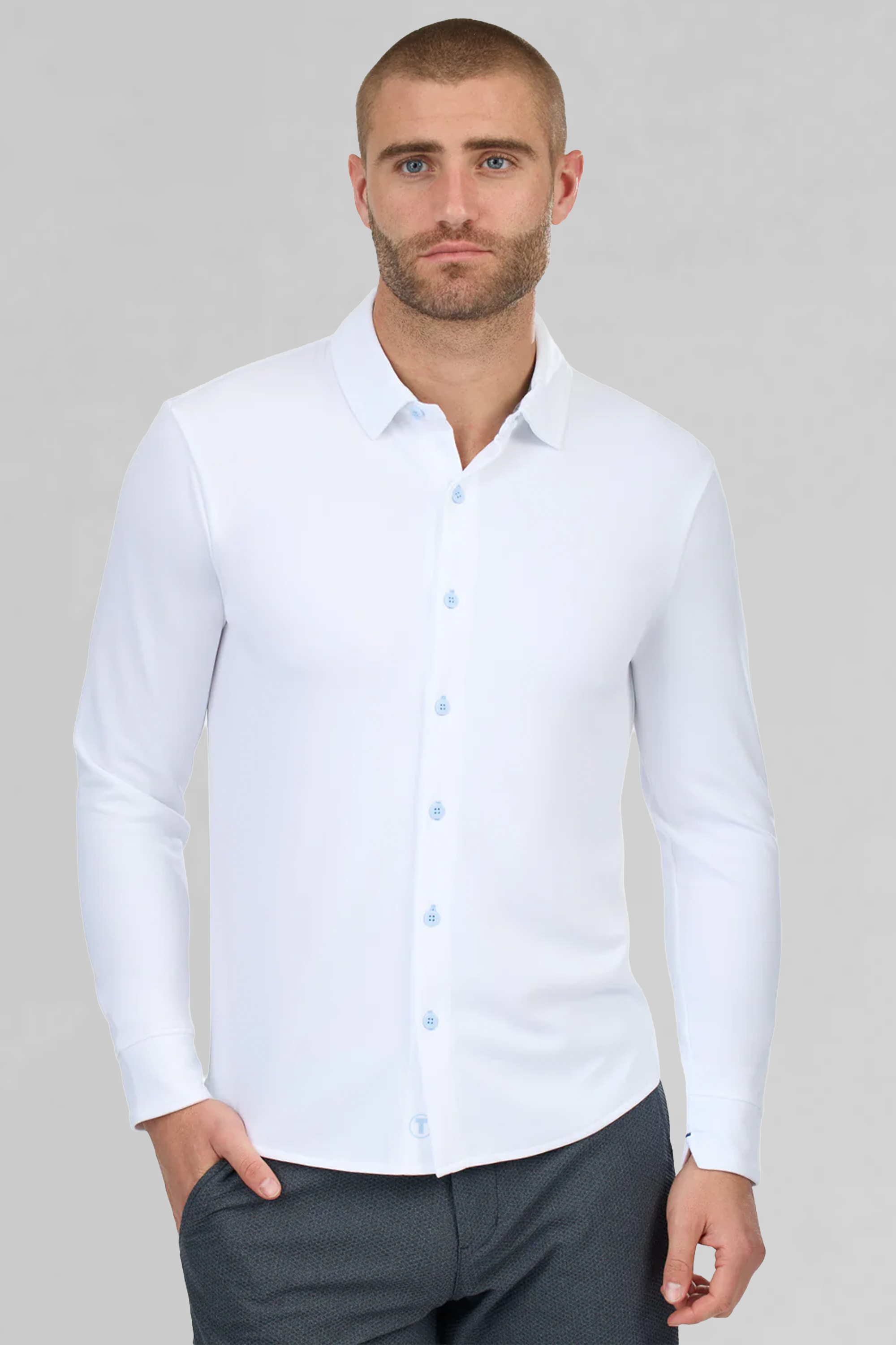 Long Sleeve Button Down Polo Contrast // Powder Blue White