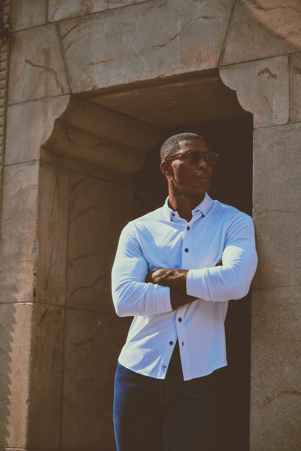 Long Sleeve Button Down Polo Contrast // White Navy