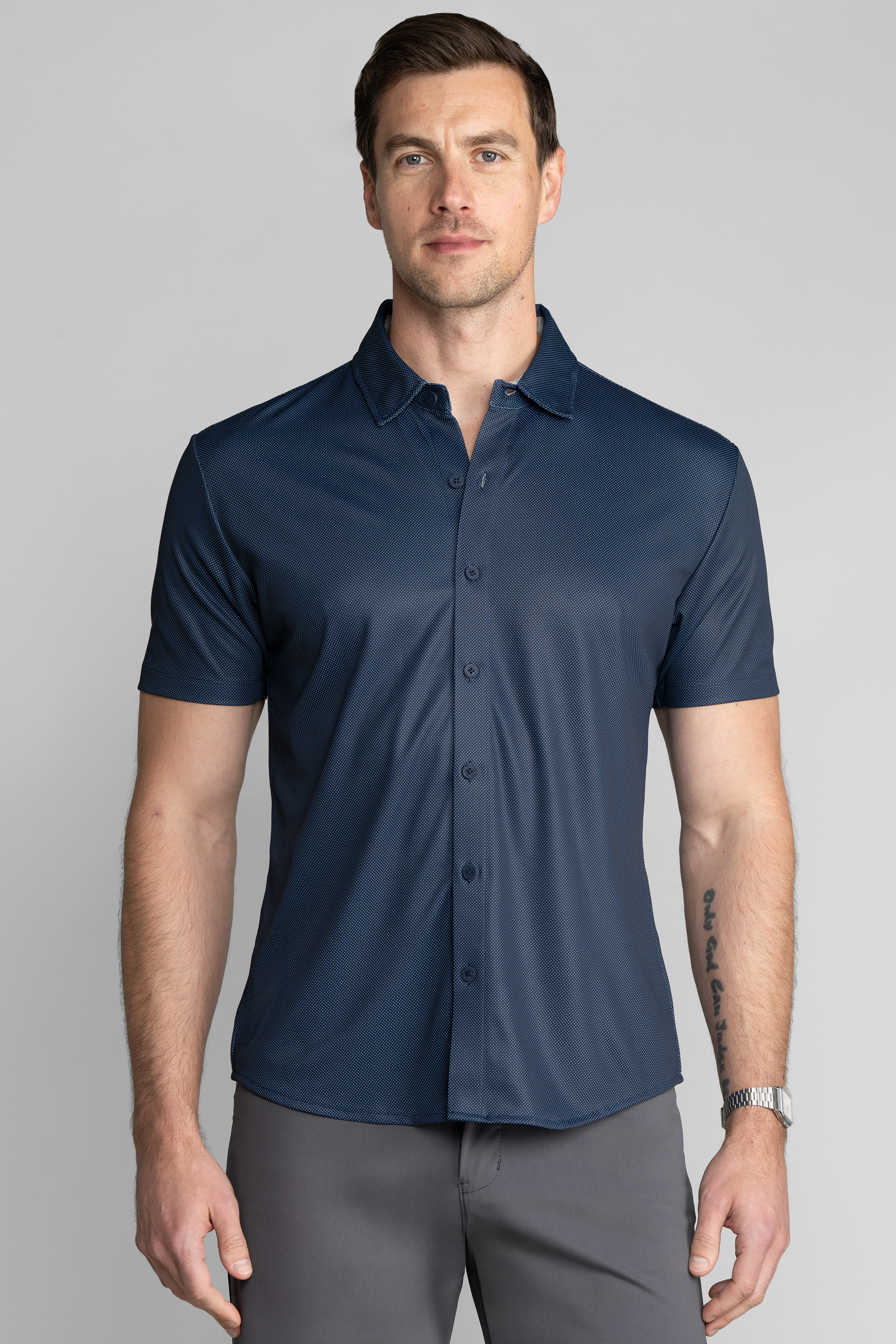 polo short sleeve dress shirts Twillory Men's Short Sleeve Button Down Polo Dot - Navy - Tailored Fit, Moisture-Wicking